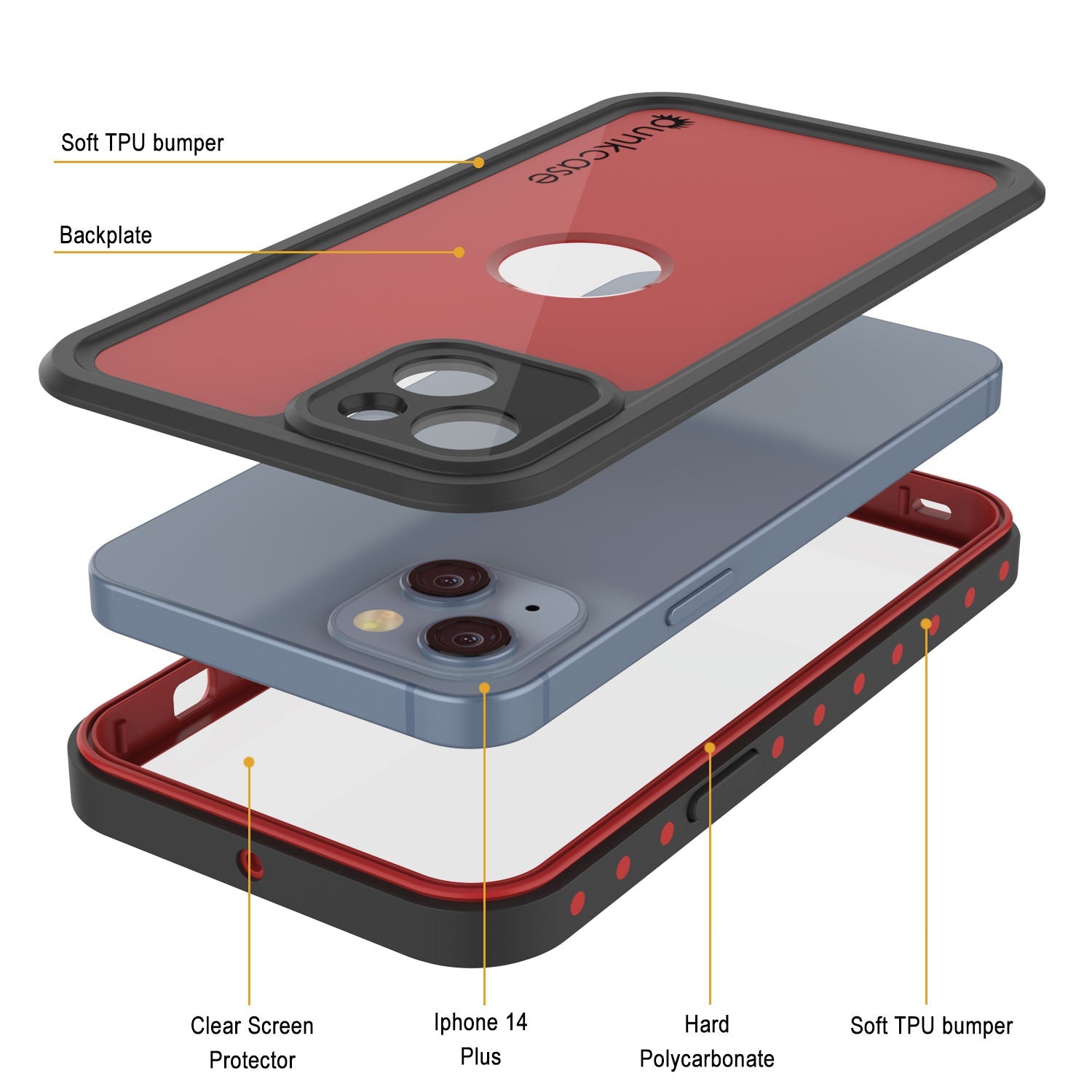 iPhone 14 Plus Waterproof IP68 Case, Punkcase [Red] [StudStar Series] [Slim Fit]