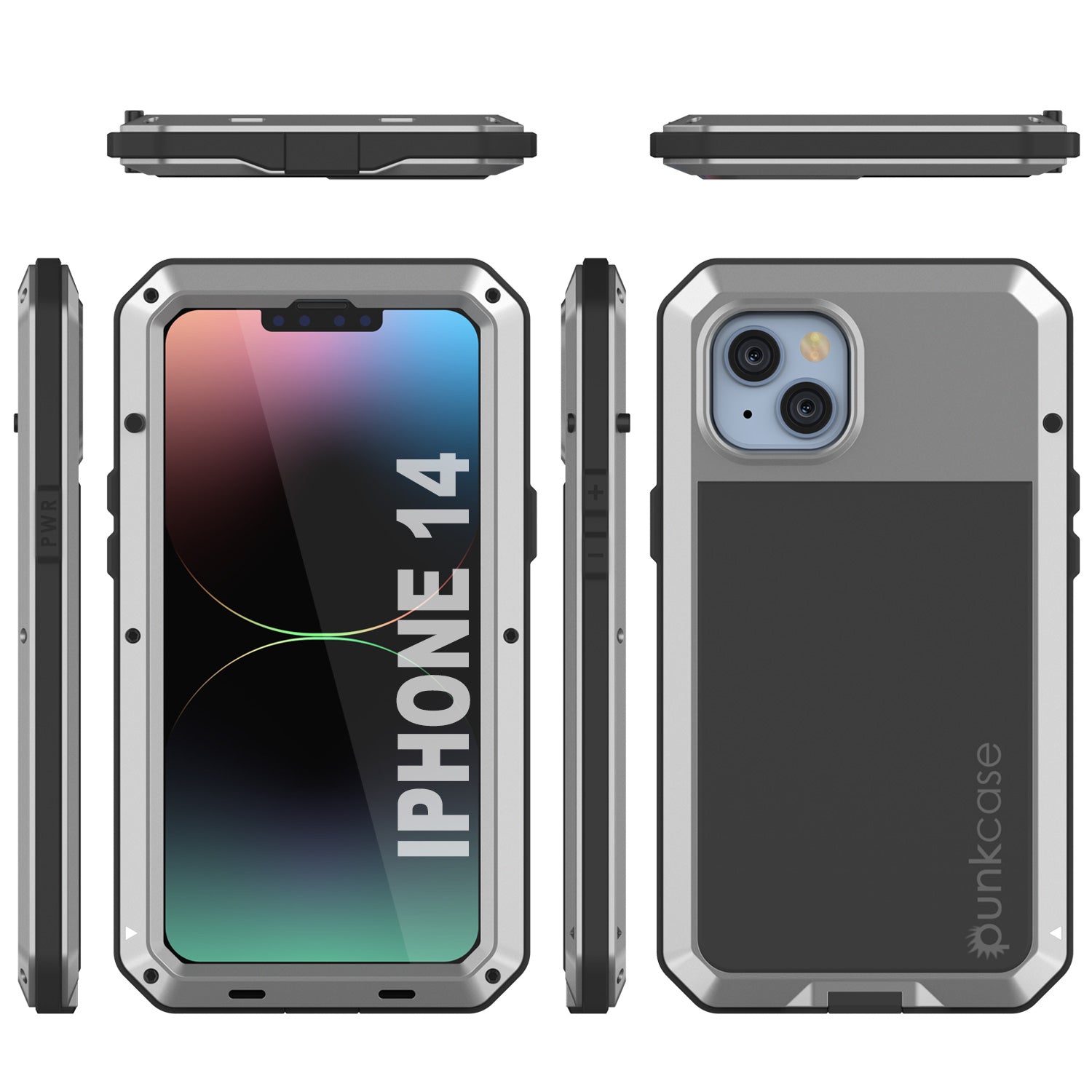 iPhone 14 Metal Case, Heavy Duty Military Grade Armor Cover [shock proof] Full Body Hard [Silver]