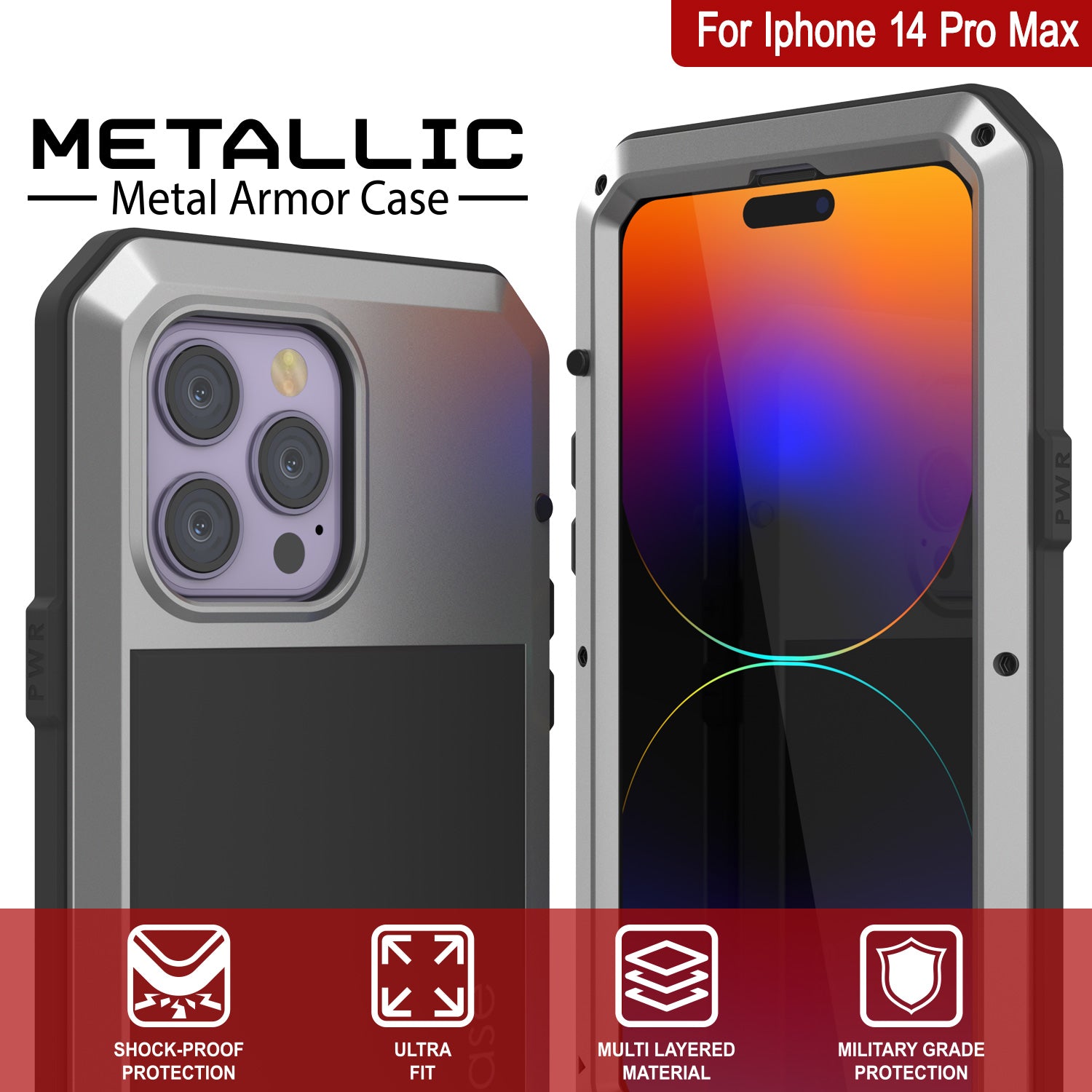 iPhone 14 Pro Max Metal Case, Heavy Duty Military Grade Armor Cover [shock proof] Full Body Hard [Silver]