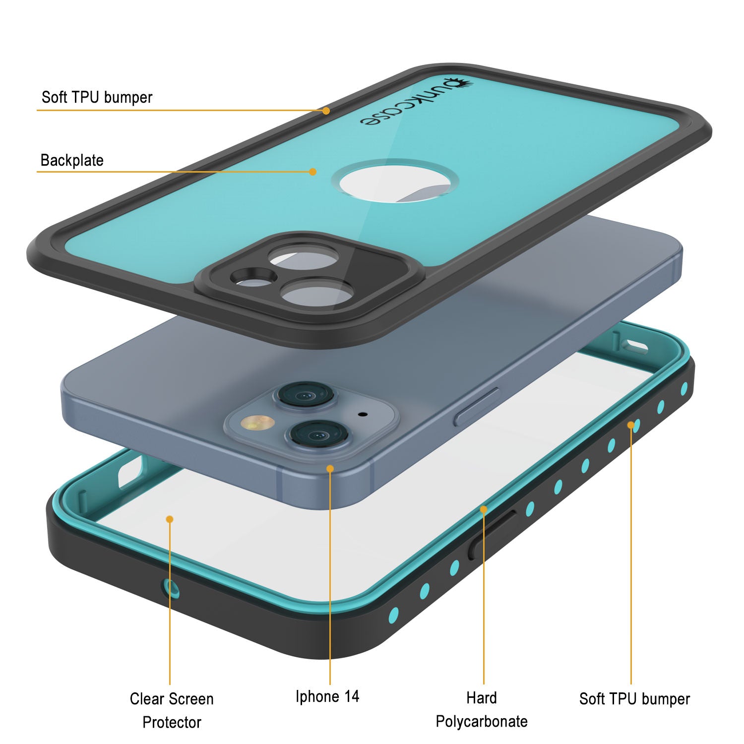 iPhone 14 Waterproof IP68 Case, Punkcase [Teal] [StudStar Series] [Slim Fit]