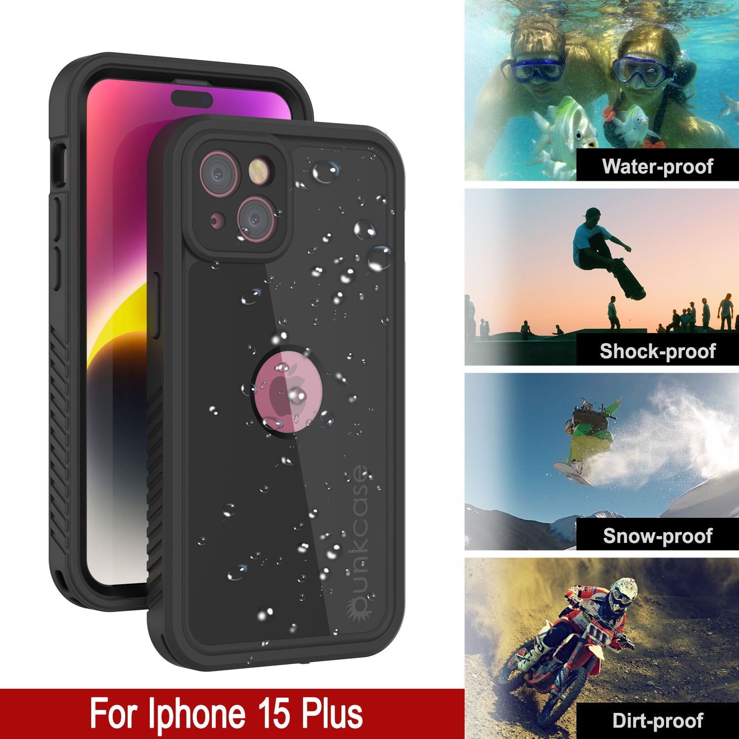 iPhone 15 Plus Waterproof IP68 Case, Punkcase [Black] [StudStar Series] [Slim Fit]