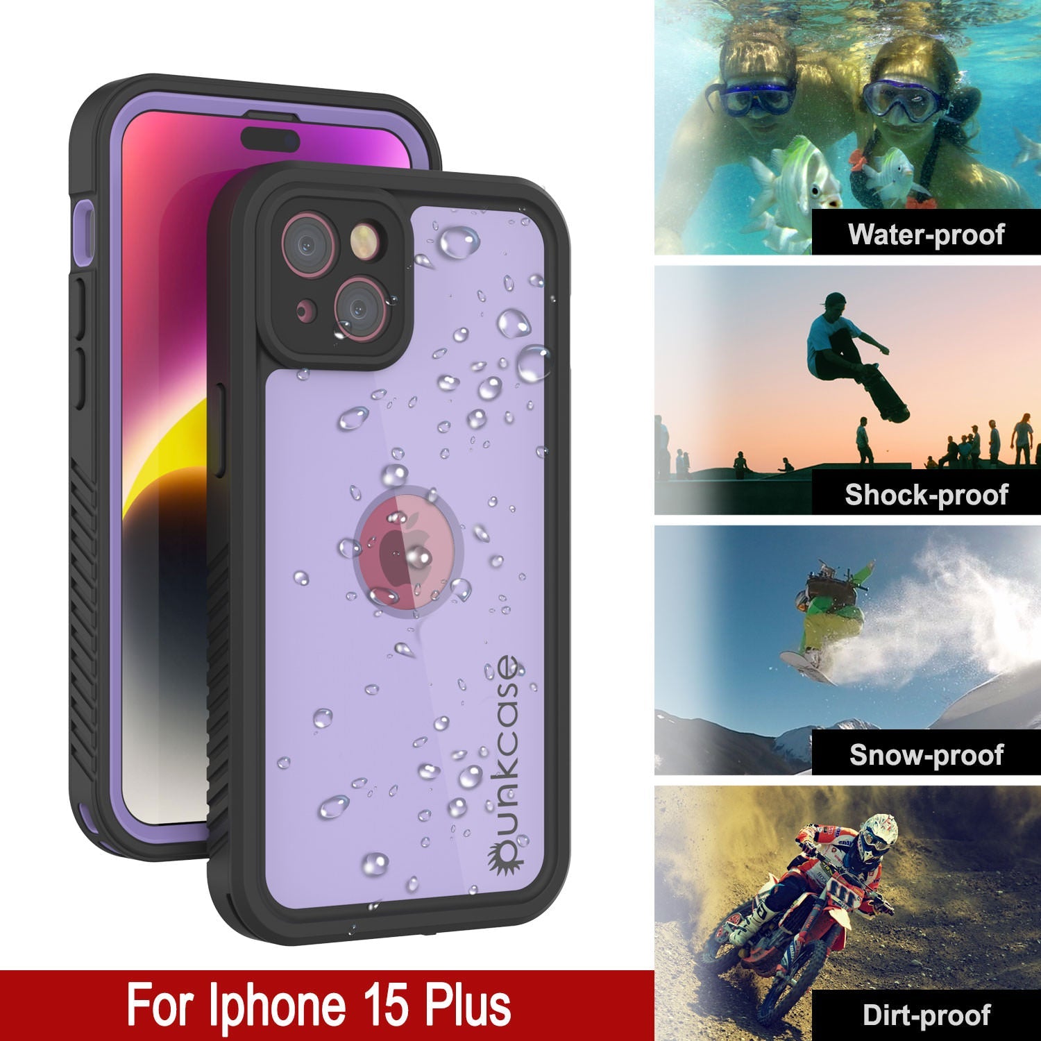 iPhone 15 Plus Waterproof IP68 Case, Punkcase [Lilac] [StudStar Series] [Slim Fit] [Dirtproof]