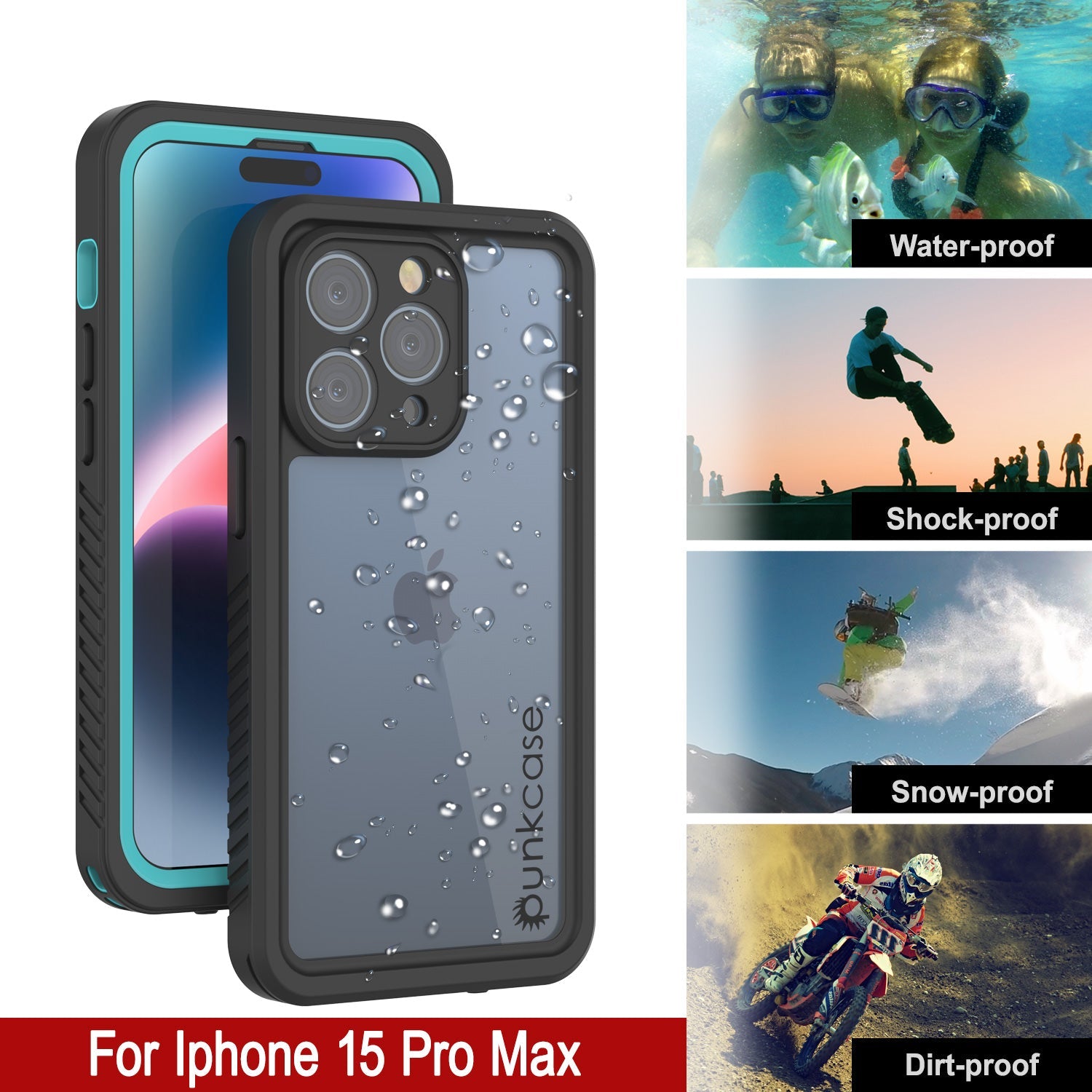 iPhone 15 Pro Max Waterproof Case, Punkcase [Extreme Series] Armor Cover W/ Built In Screen Protector [Teal]