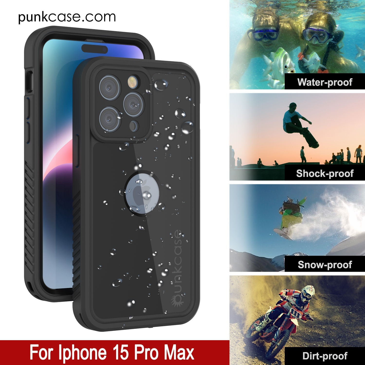 iPhone 15 Pro Max Waterproof IP68 Case, Punkcase [Black] [StudStar Series] [Slim Fit]