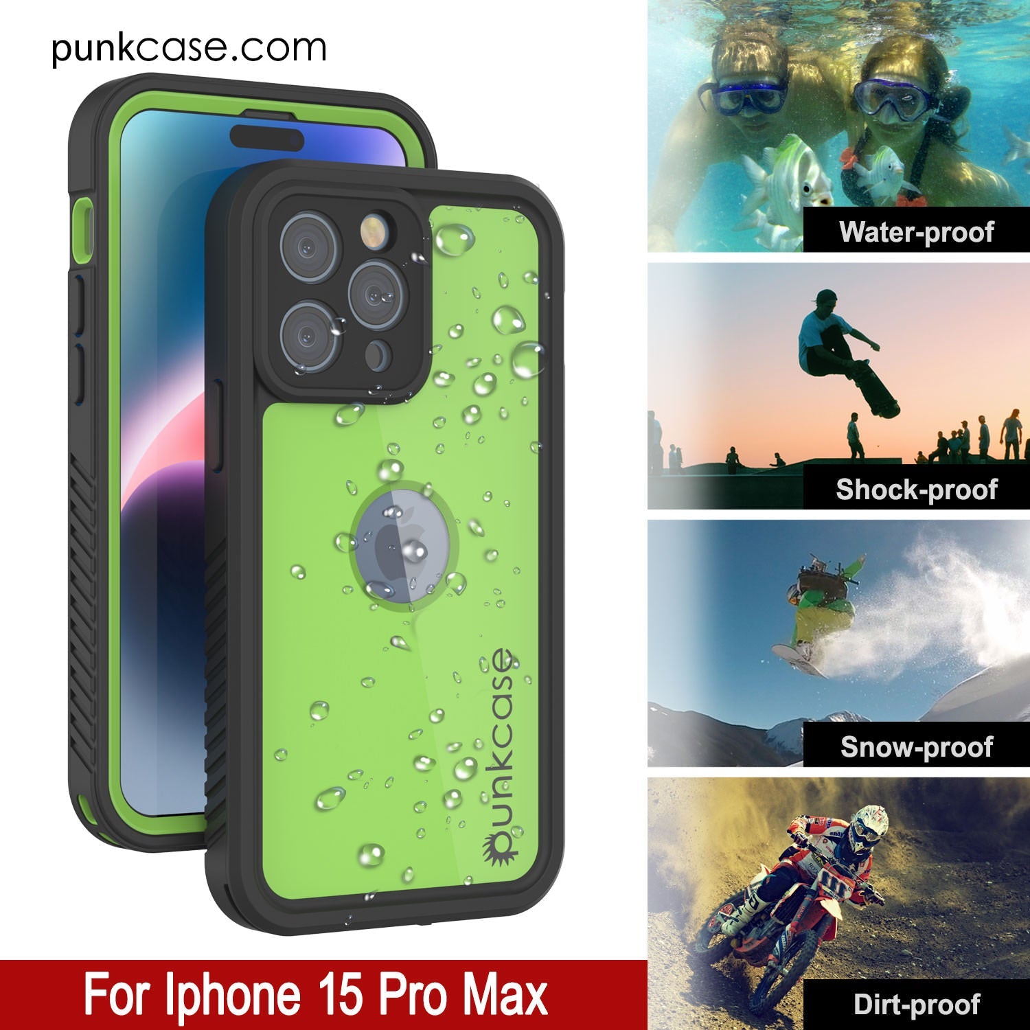 iPhone 15 Pro Max Waterproof IP68 Case, Punkcase [Light green] [StudStar Series] [Slim Fit] [Dirtproof]