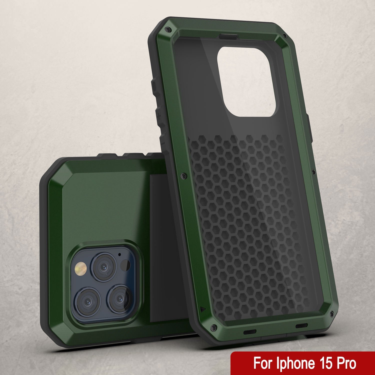 iPhone 15 Pro Metal Case, Heavy Duty Military Grade Armor Cover [shock proof] Full Body Hard [Dark Green]