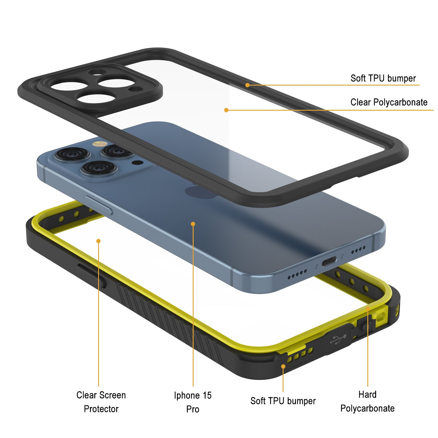 iPhone 15 Pro Waterproof Case, Punkcase [Extreme Series] Armor Cover W/ Built In Screen Protector [Yellow]