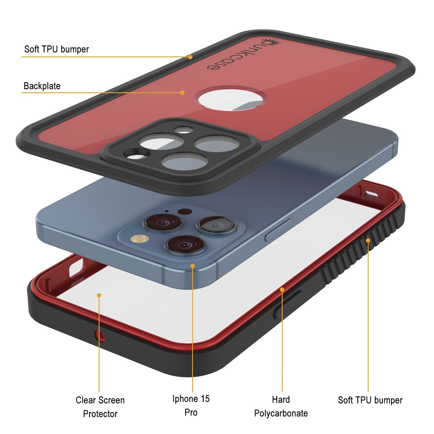 iPhone 15 Pro Waterproof IP68 Case, Punkcase [Red] [StudStar Series] [Slim Fit]