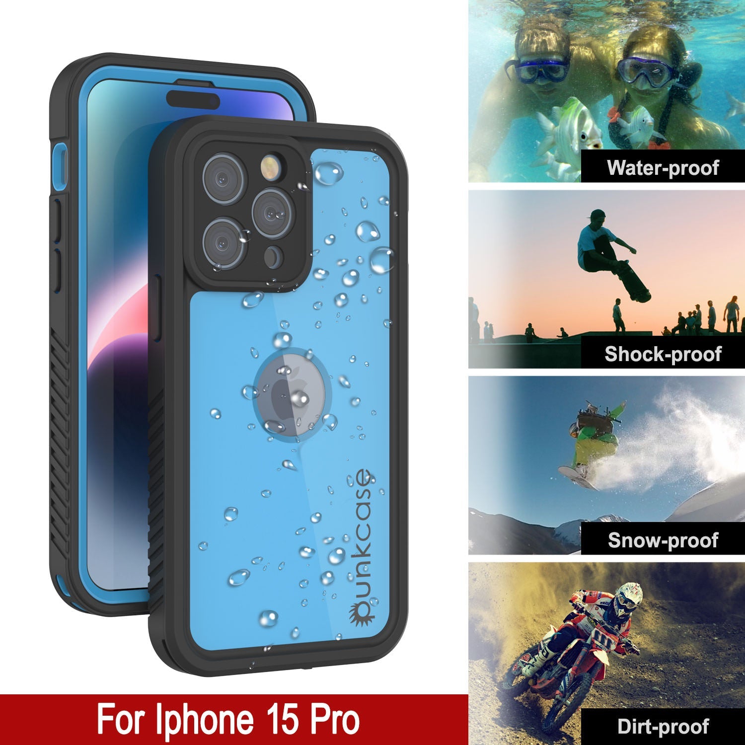 iPhone 15 Pro Waterproof IP68 Case, Punkcase [Light blue] [StudStar Series] [Slim Fit] [Dirtproof]