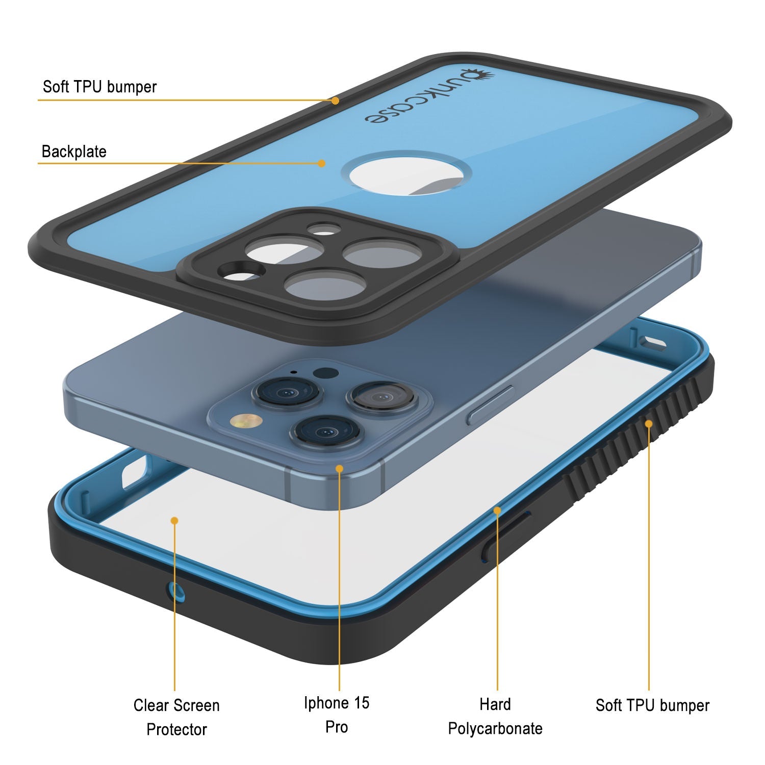 iPhone 15 Pro Waterproof IP68 Case, Punkcase [Light blue] [StudStar Series] [Slim Fit] [Dirtproof]