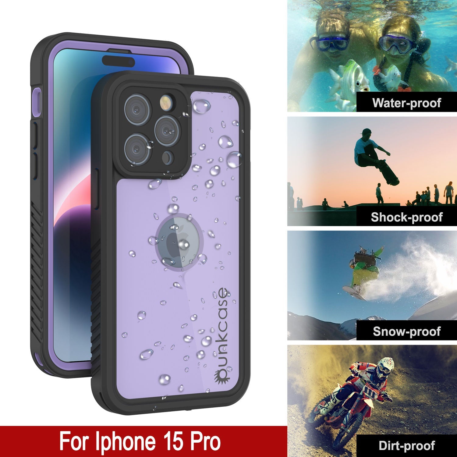 iPhone 15 Pro Waterproof IP68 Case, Punkcase [Lilac] [StudStar Series] [Slim Fit] [Dirtproof]