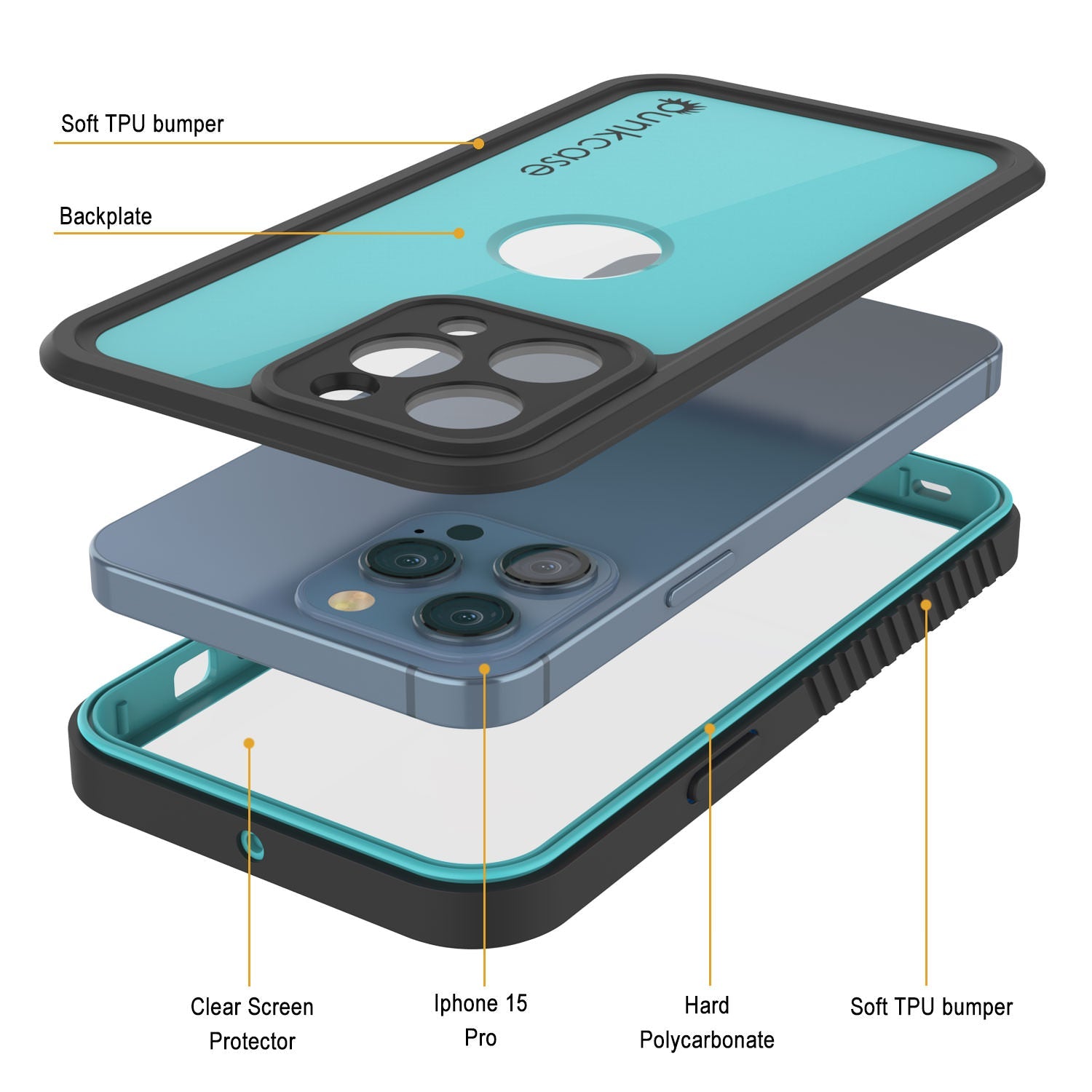 iPhone 15 Pro Waterproof IP68 Case, Punkcase [Teal] [StudStar Series] [Slim Fit]