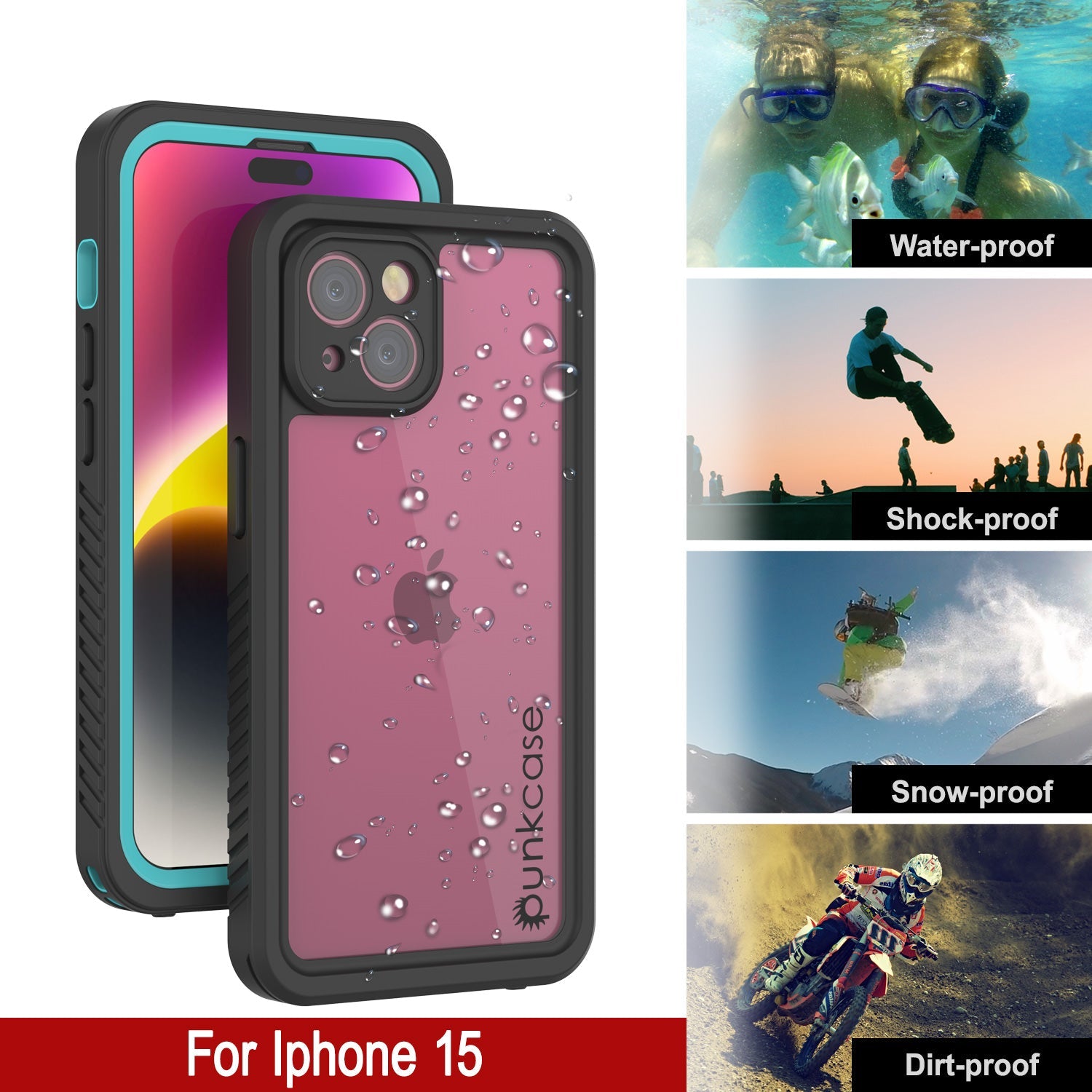 iPhone 15  Waterproof Case, Punkcase [Extreme Series] Armor Cover W/ Built In Screen Protector [Teal]