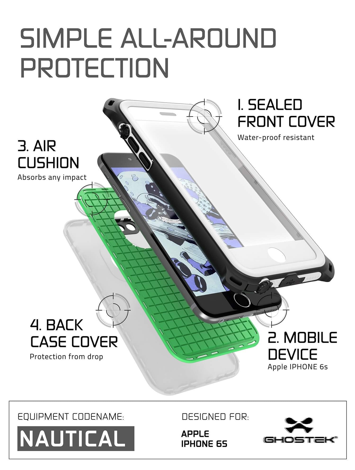 iPhone 6S/6 Waterproof Case, Ghostek® Nautical White Series| Underwater | Aluminum Frame | Ultra Fit