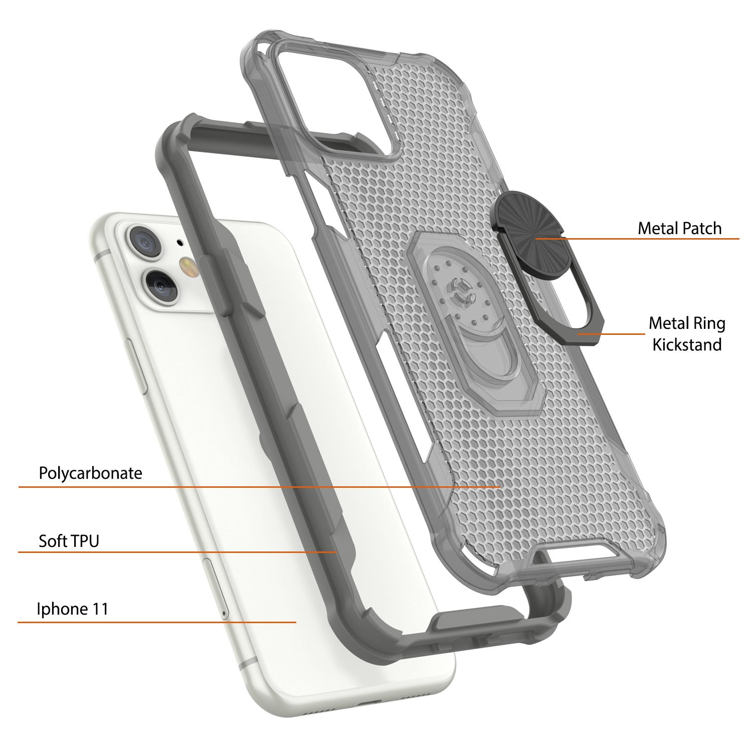 PunkCase for iPhone 11 Case [Magnetix 2.0 Series] Clear Protective TPU Cover W/Kickstand [Grey]