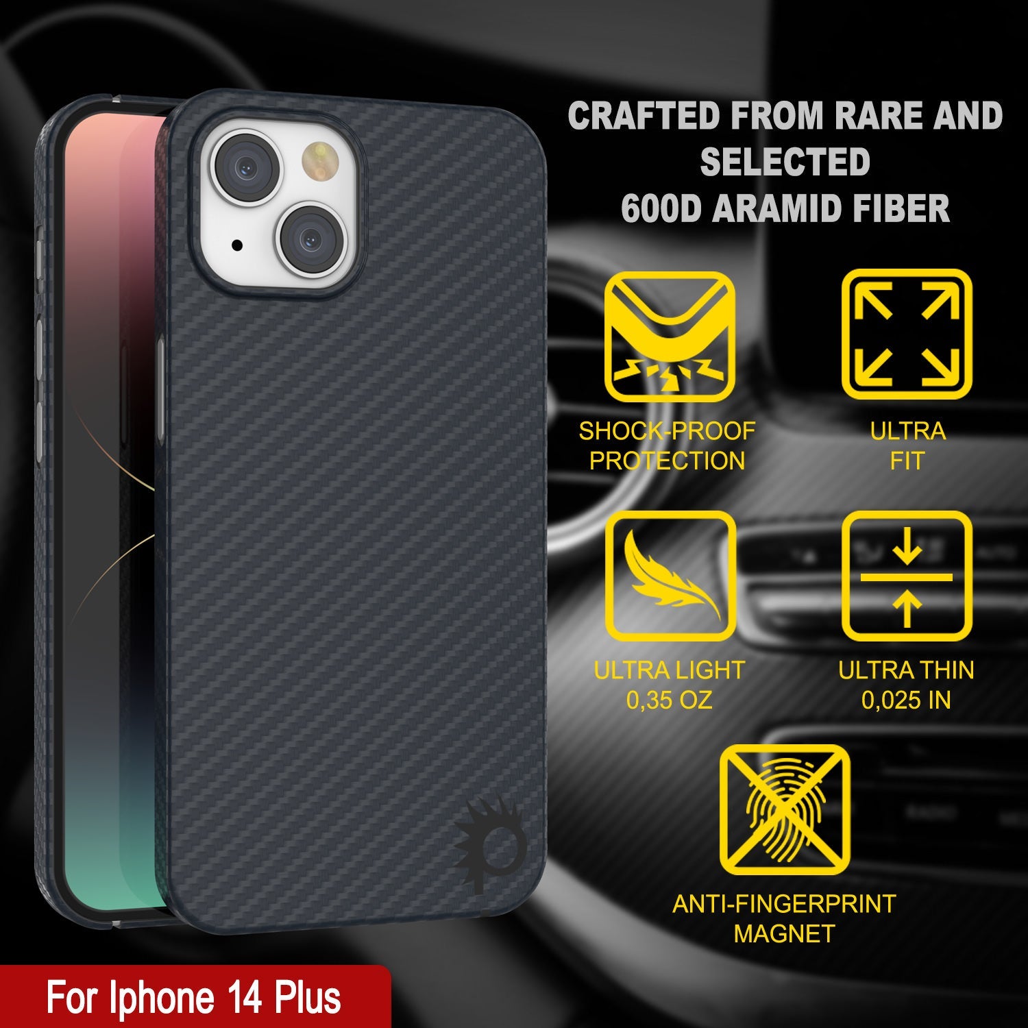 Punkcase iPhone 14 Plus Carbon Fiber Case [AramidShield Series] Ultra Slim & Light Kevlar