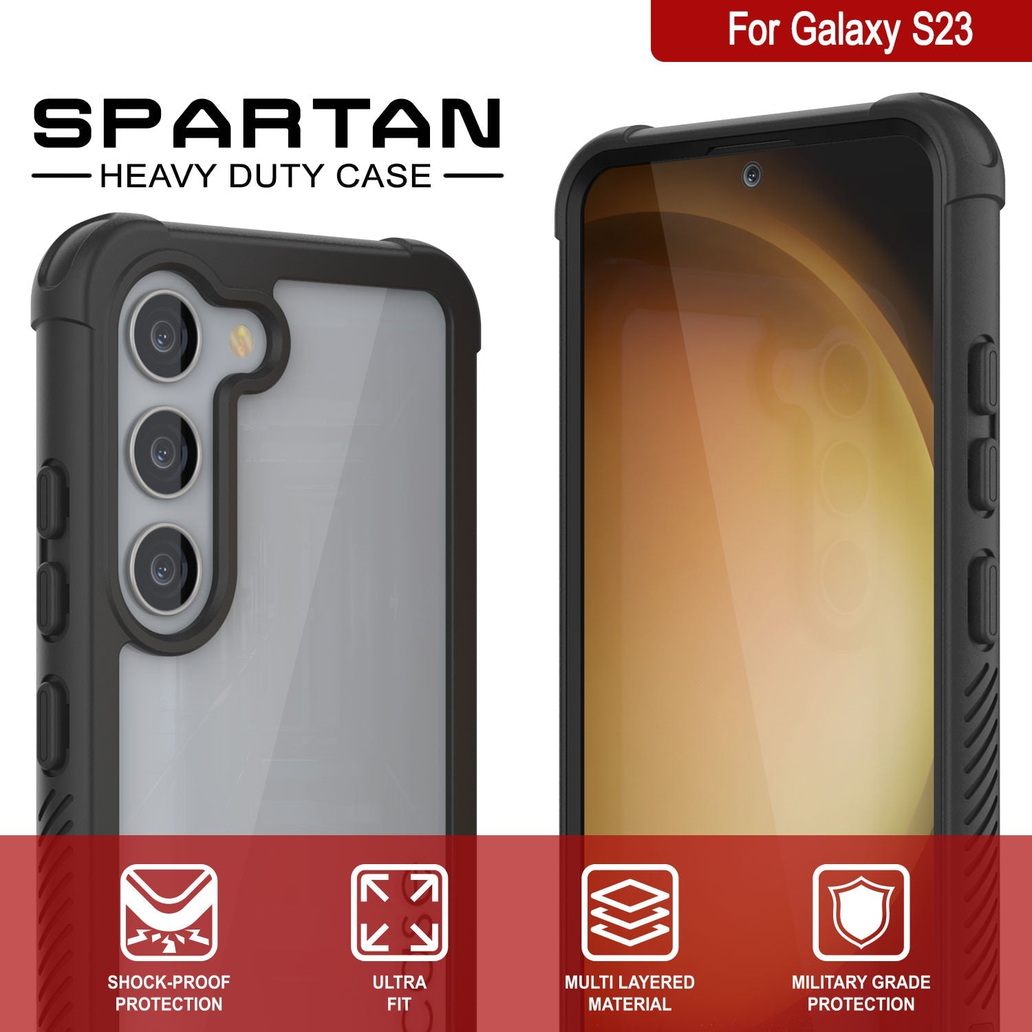 PunkCase Galaxy S23 Case, [Spartan Series] Clear Rugged Heavy Duty Cover [Black]