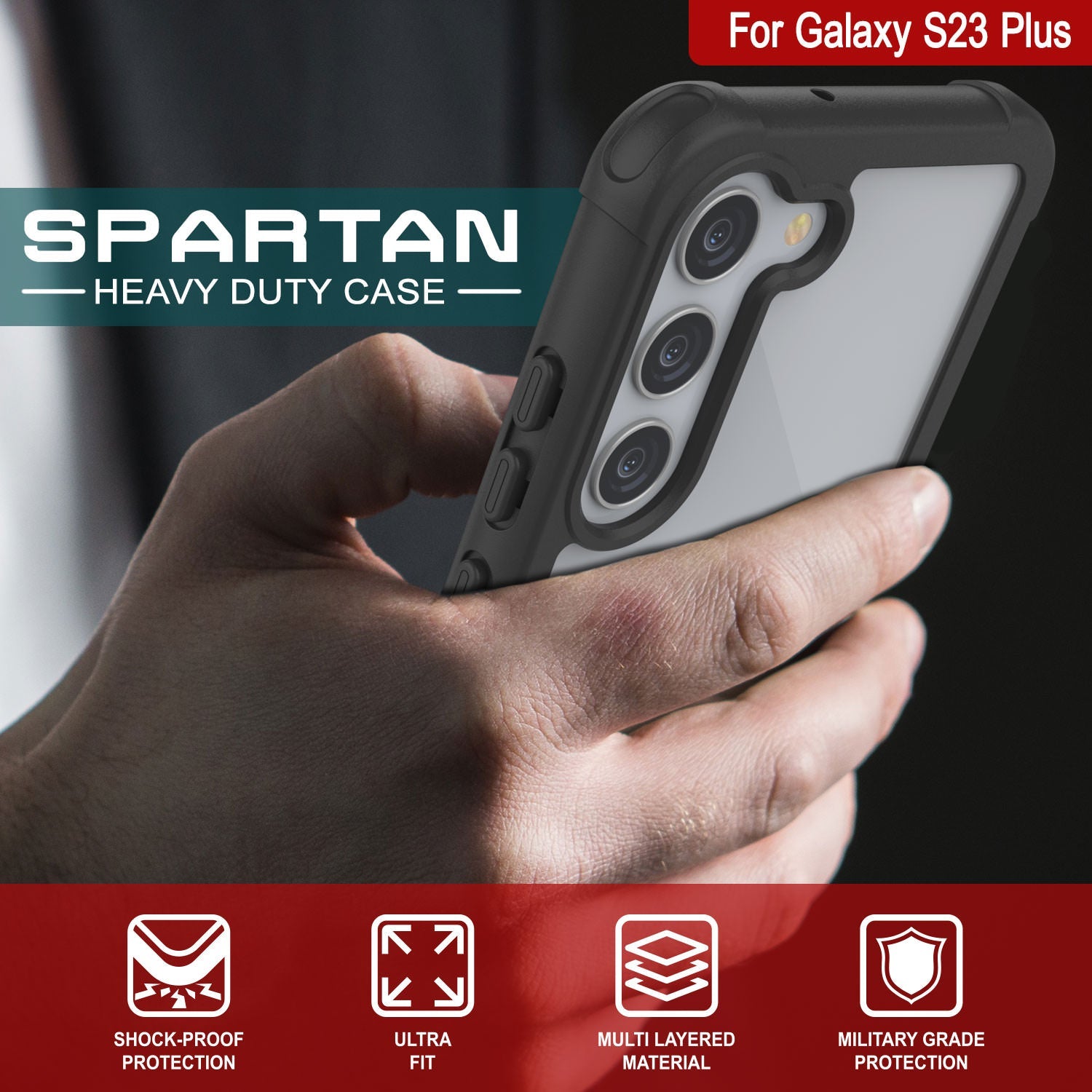 PunkCase Galaxy S23+ Plus Case, [Spartan Series] Clear Rugged Heavy Duty Cover [Black]