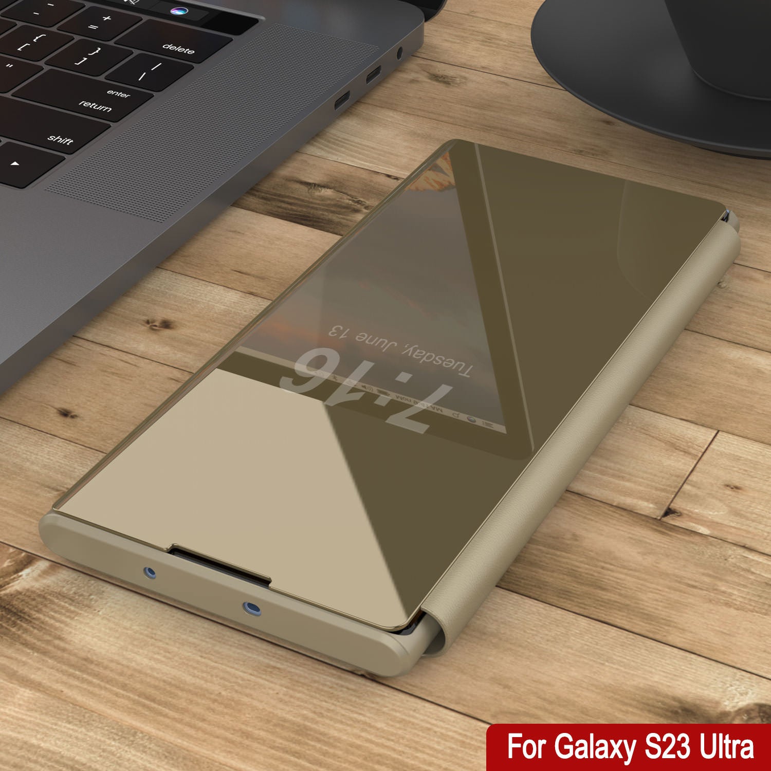 Punkcase Galaxy S23 Ultra Reflector Case Protective Flip Cover [Gold]