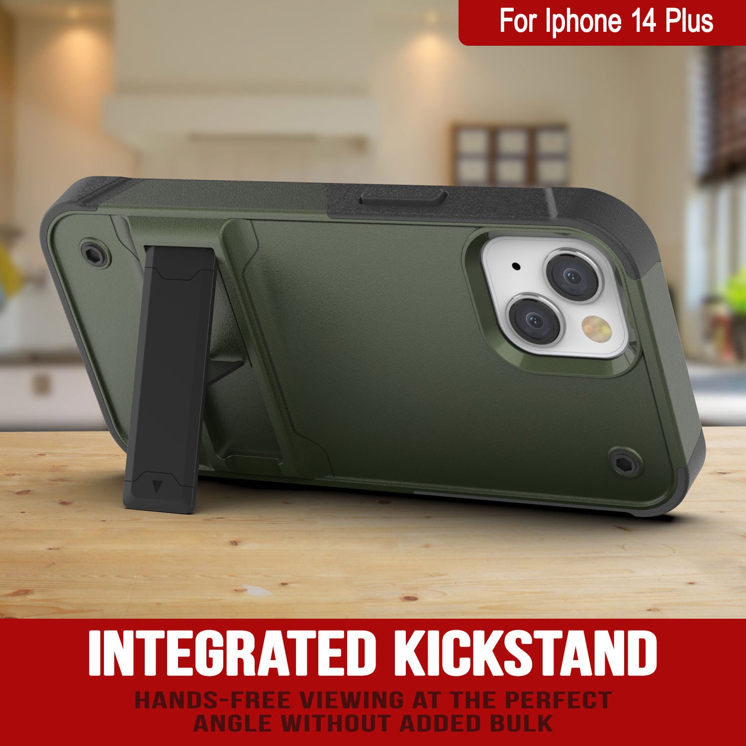 Punkcase iPhone 14 Plus Case [Reliance Series] Protective Hybrid Military Grade Cover W/Built-in Kickstand [Army-Green-Black]