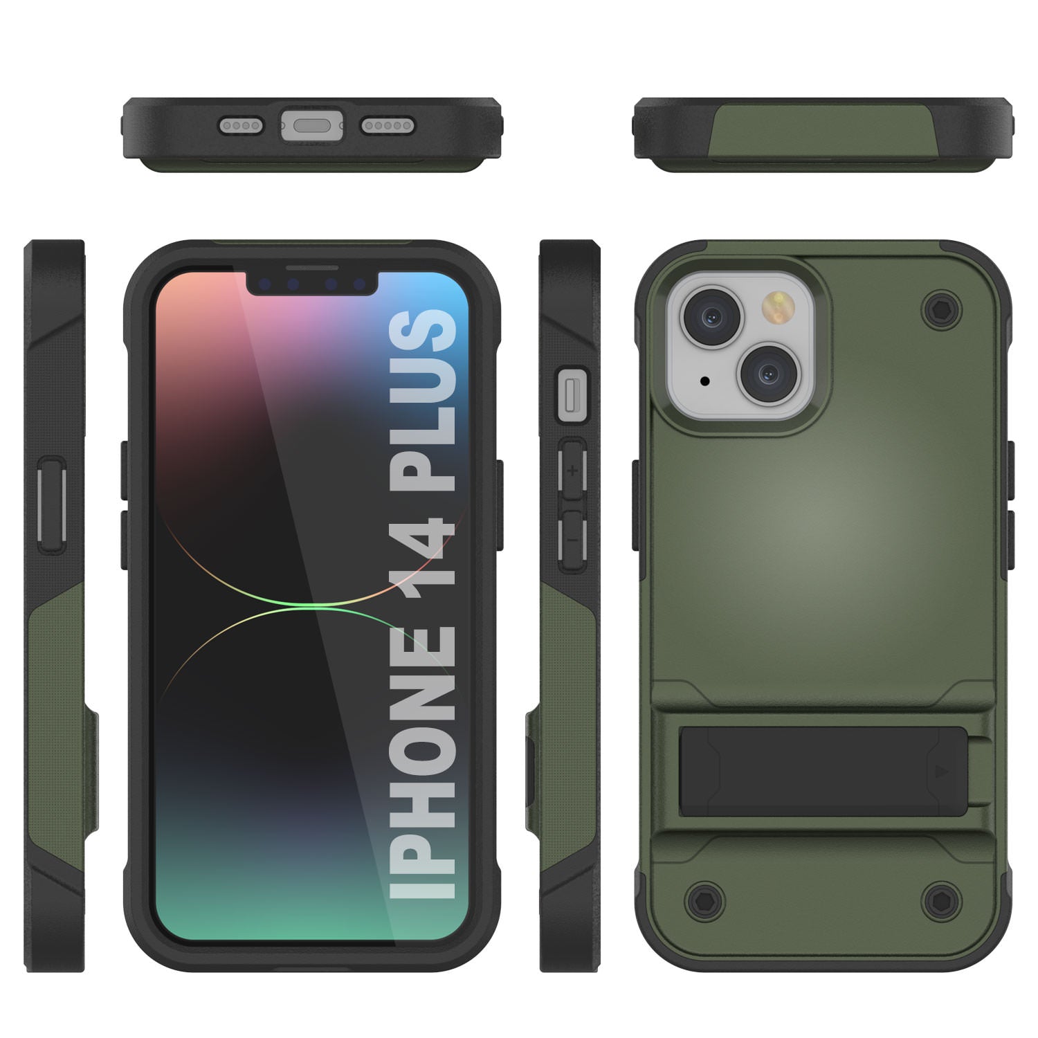 Punkcase iPhone 14 Plus Case [Reliance Series] Protective Hybrid Military Grade Cover W/Built-in Kickstand [Army-Green-Black]