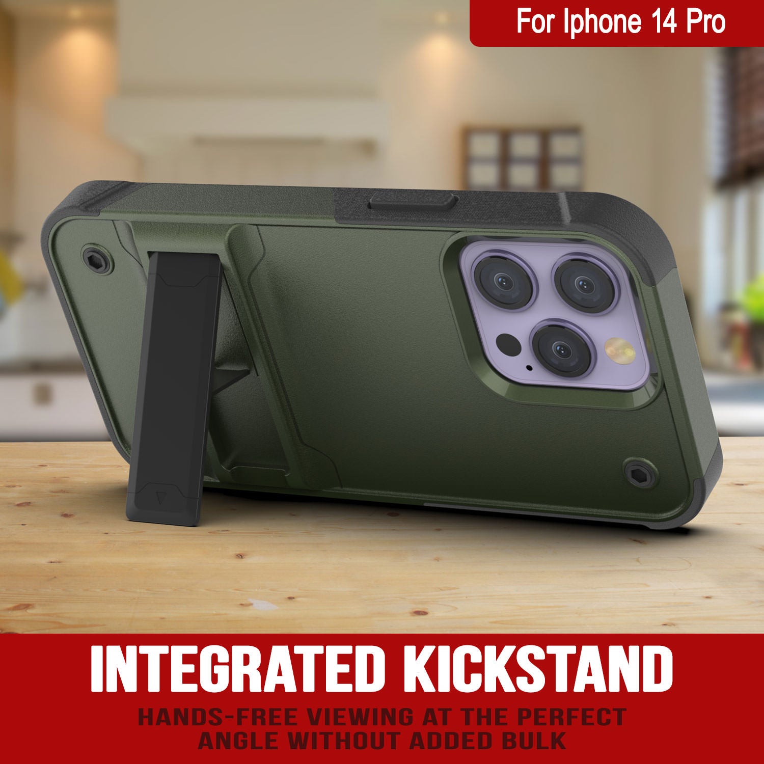 Punkcase iPhone 14 Pro Case [Reliance Series] Protective Hybrid Military Grade Cover W/Built-in Kickstand [Army-Green-Black]