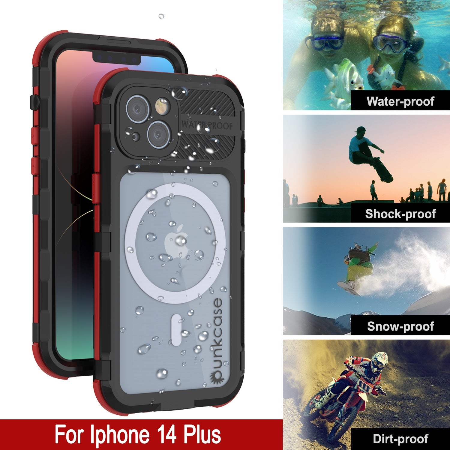 iPhone 14 Plus Metal Extreme 2.0 Series Aluminum Waterproof Case IP68 W/Buillt in Screen Protector [Black-Red]