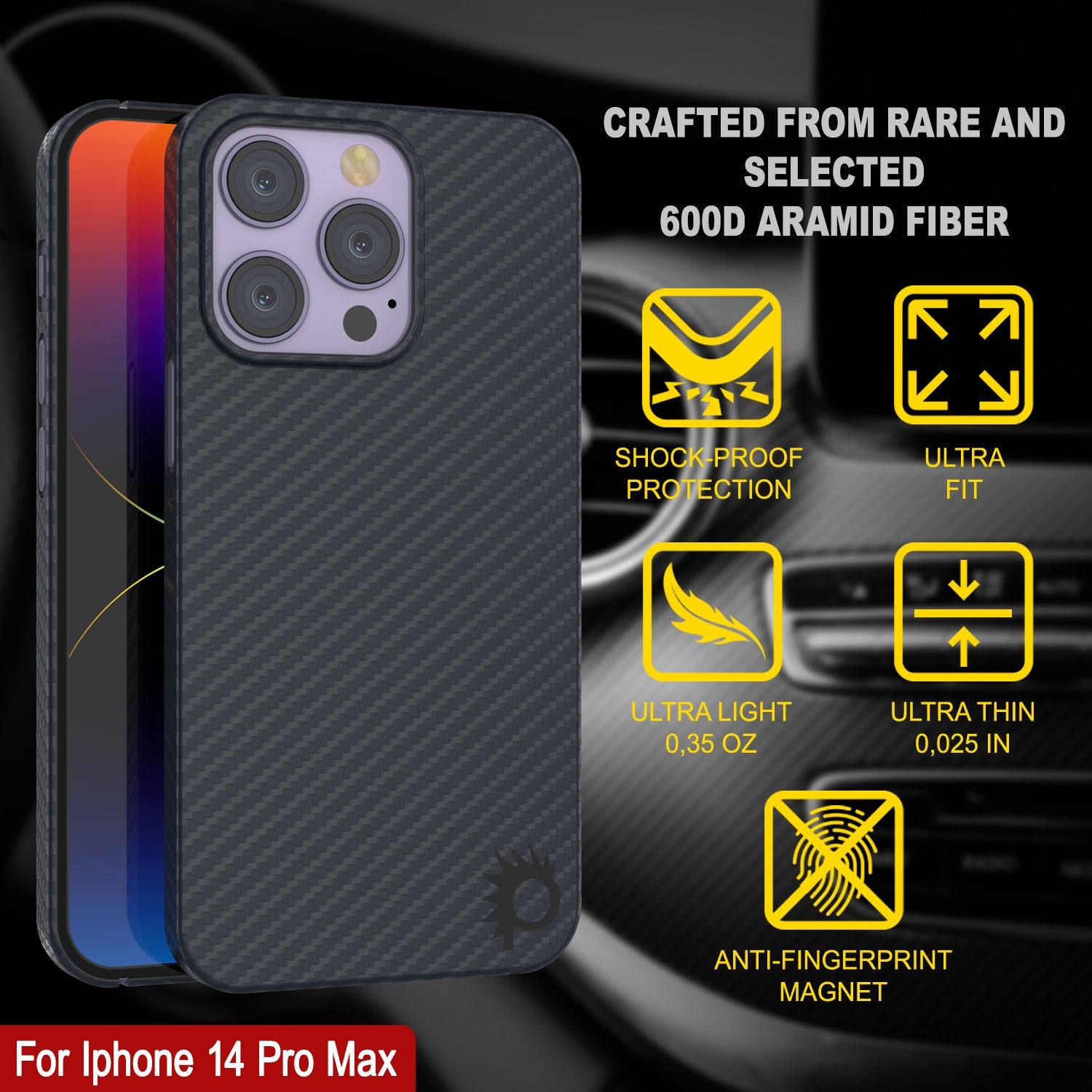 Punkcase iPhone 14 Pro Max Carbon Fiber Case [AramidShield Series] Ultra Slim & Light Kevlar