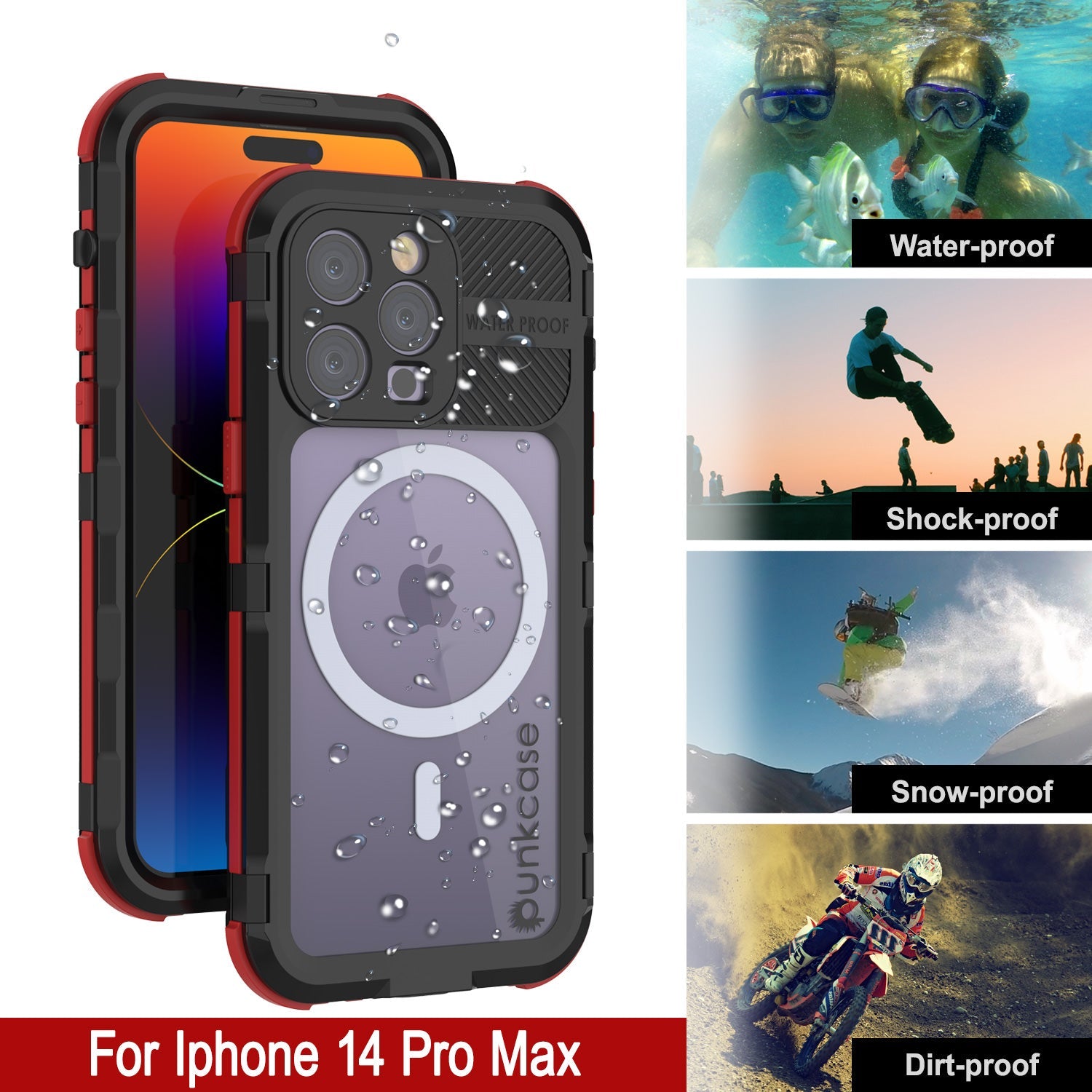 iPhone 14 Pro Max Metal Extreme 2.0 Series Aluminum Waterproof Case IP68 W/Buillt in Screen Protector [Black-Red]