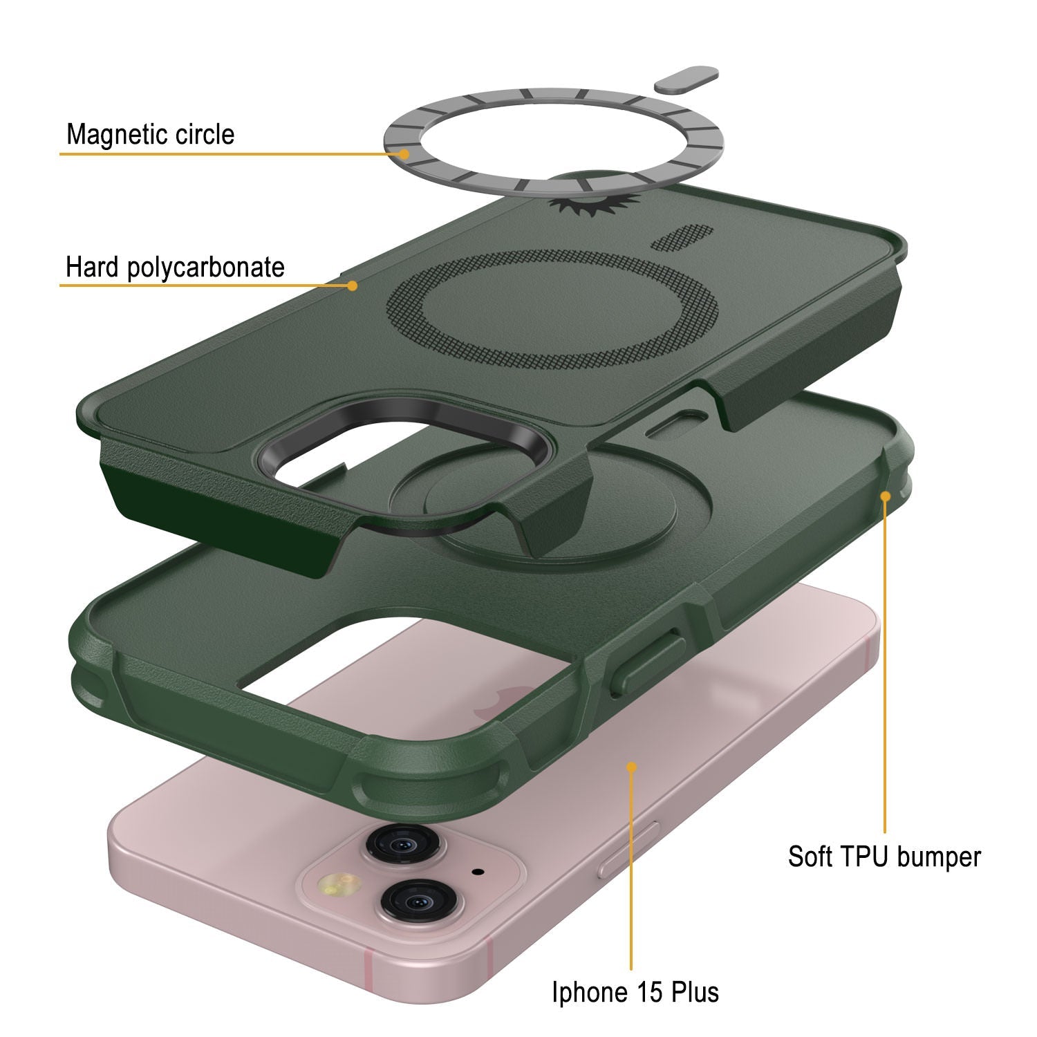 PunkCase iPhone 15 Plus Case, [Spartan 2.0 Series] Clear Rugged Heavy Duty Cover W/Built in Screen Protector [dark green]