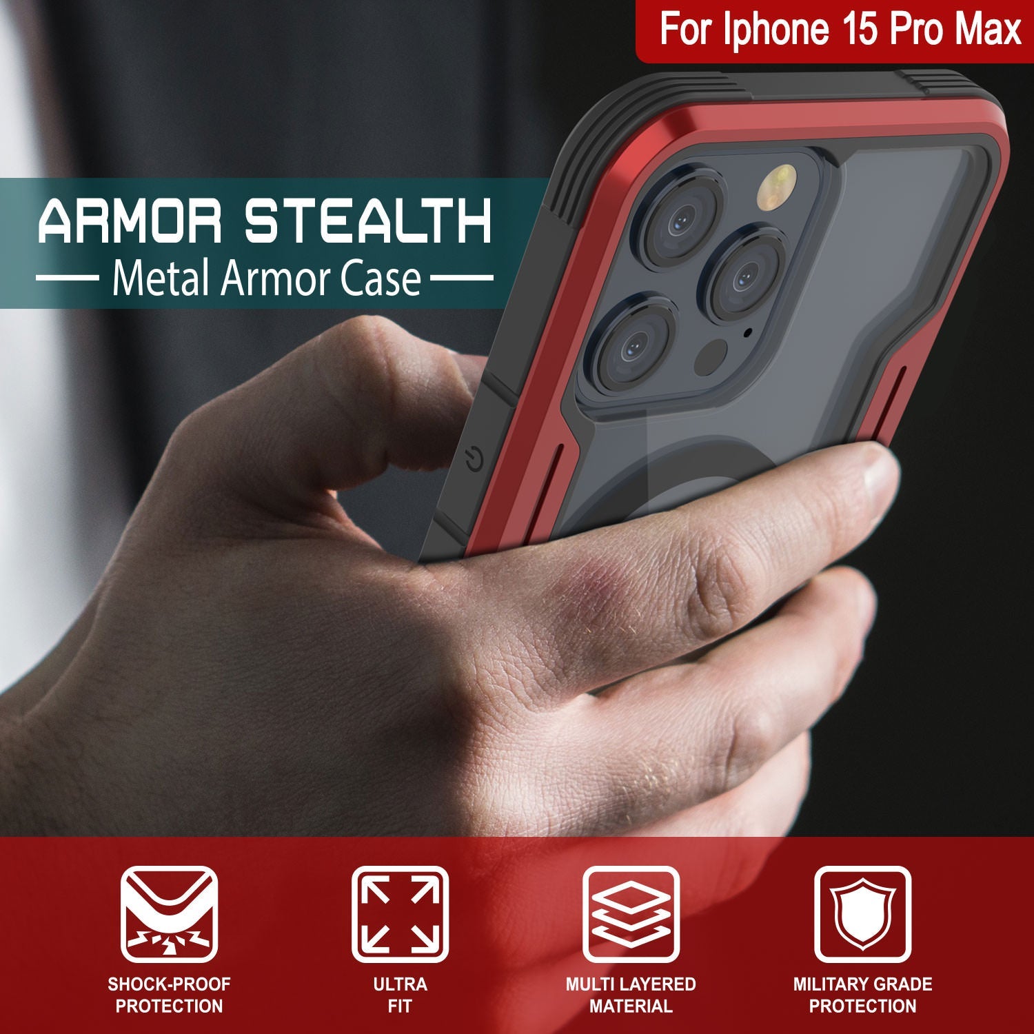 Punkcase iPhone 15 Pro Max Armor Stealth MAG Defense Case Protective Military Grade Multilayer Cover [Red]