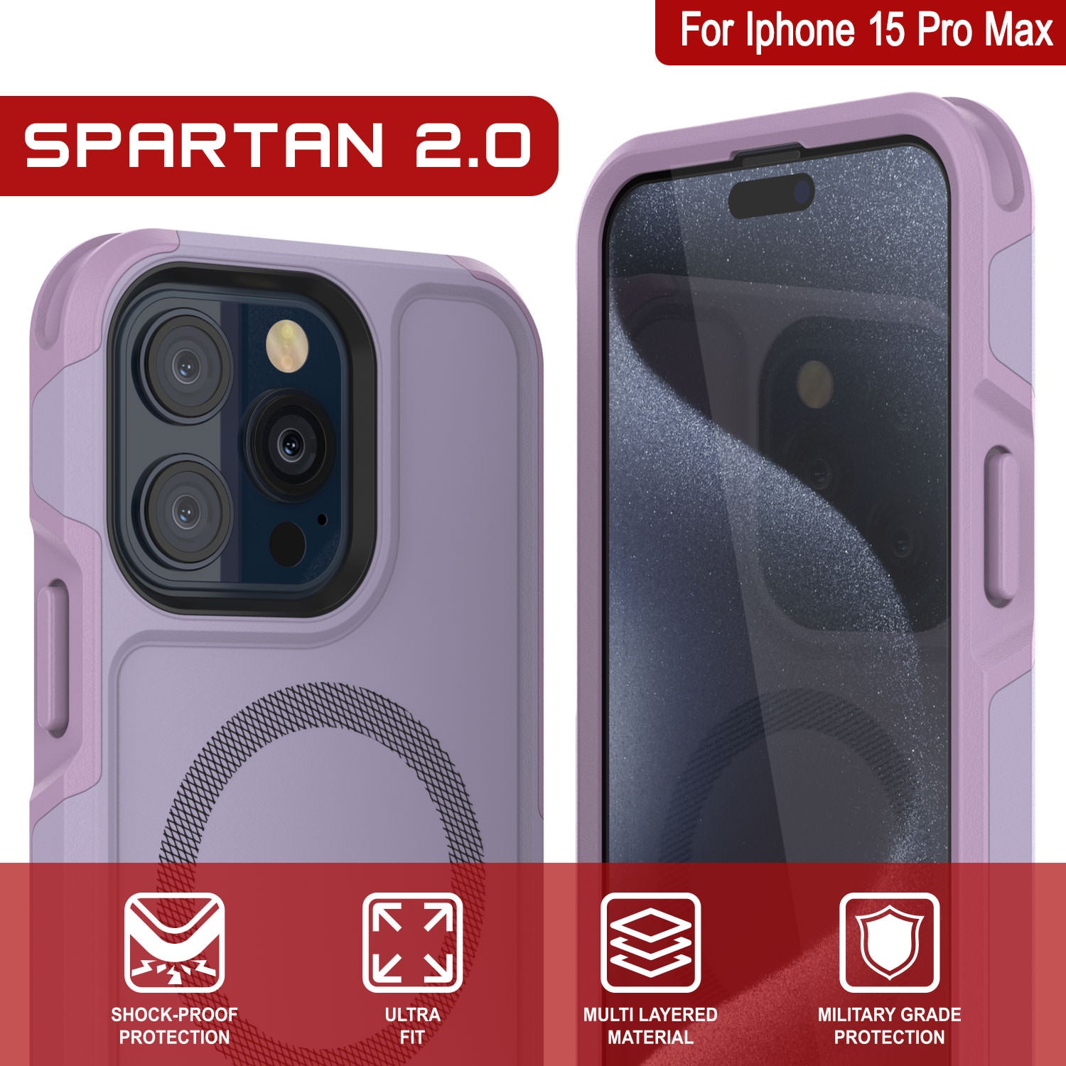 PunkCase iPhone 15 Pro Max Case, [Spartan 2.0 Series] Clear Rugged Heavy Duty Cover W/Built in Screen Protector [lilac]