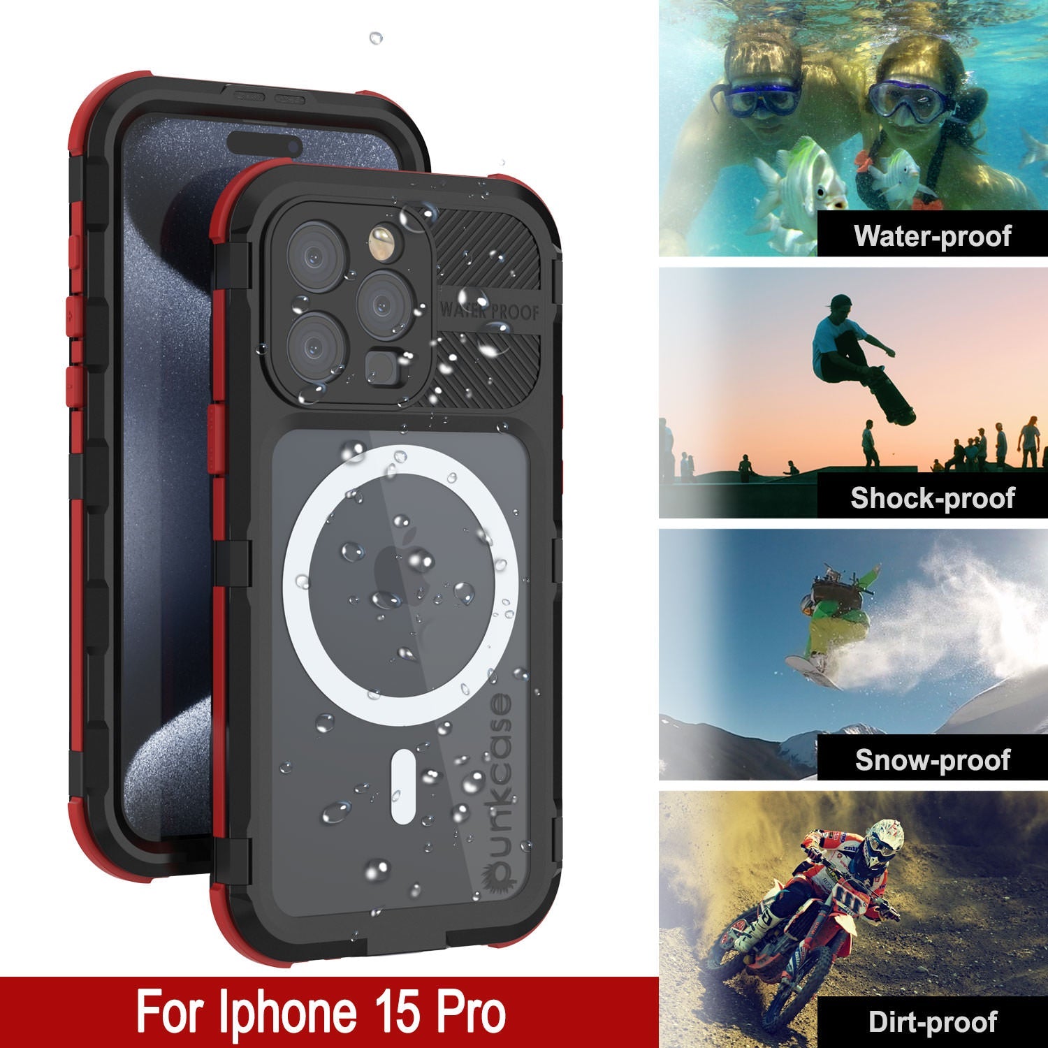 iPhone 15 Pro Metal Extreme 2.0 Series Aluminum Waterproof Case IP68 W/Buillt in Screen Protector [Black-Red]