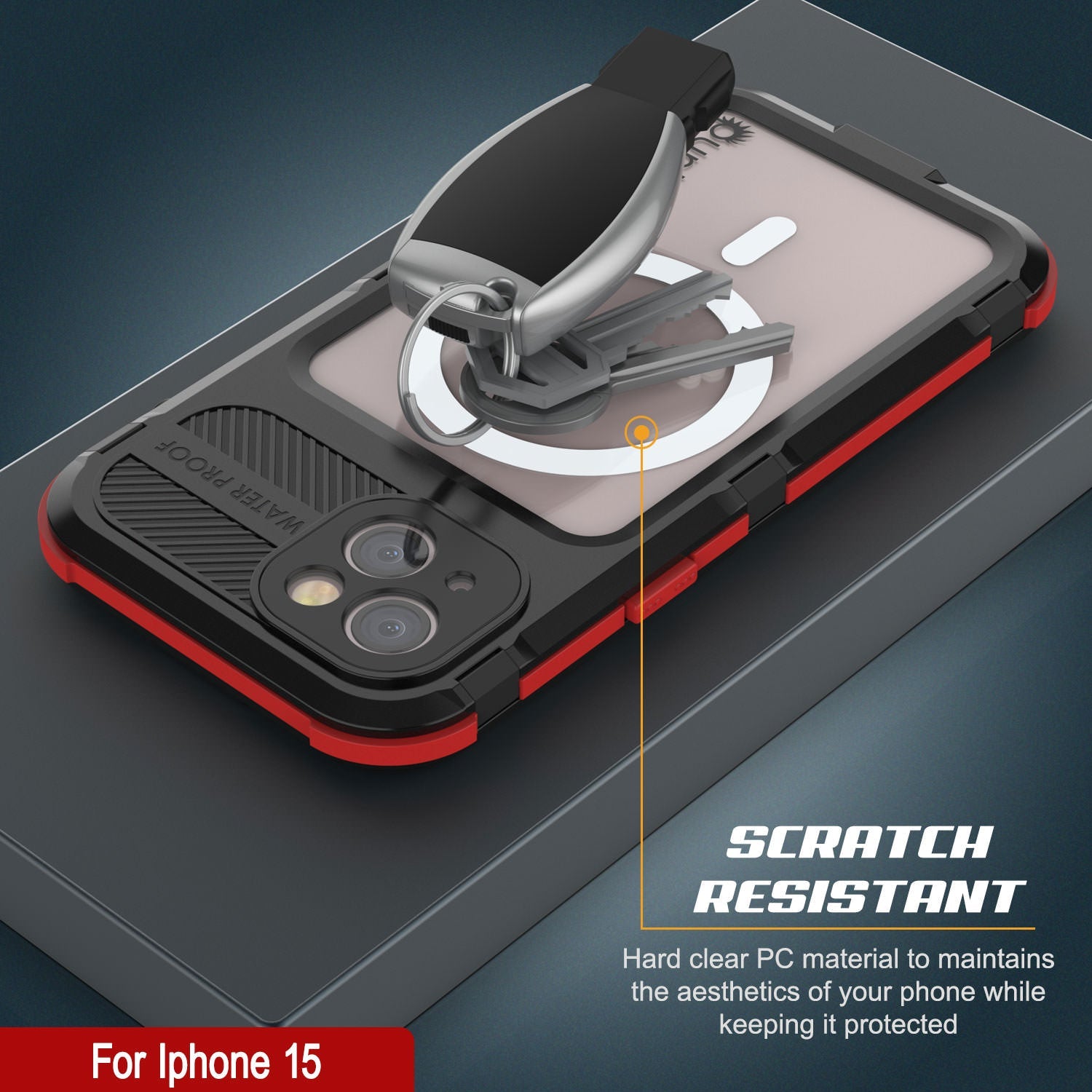 iPhone 15 Metal Extreme 2.0 Series Aluminum Waterproof Case IP68 W/Buillt in Screen Protector [Black-Red]