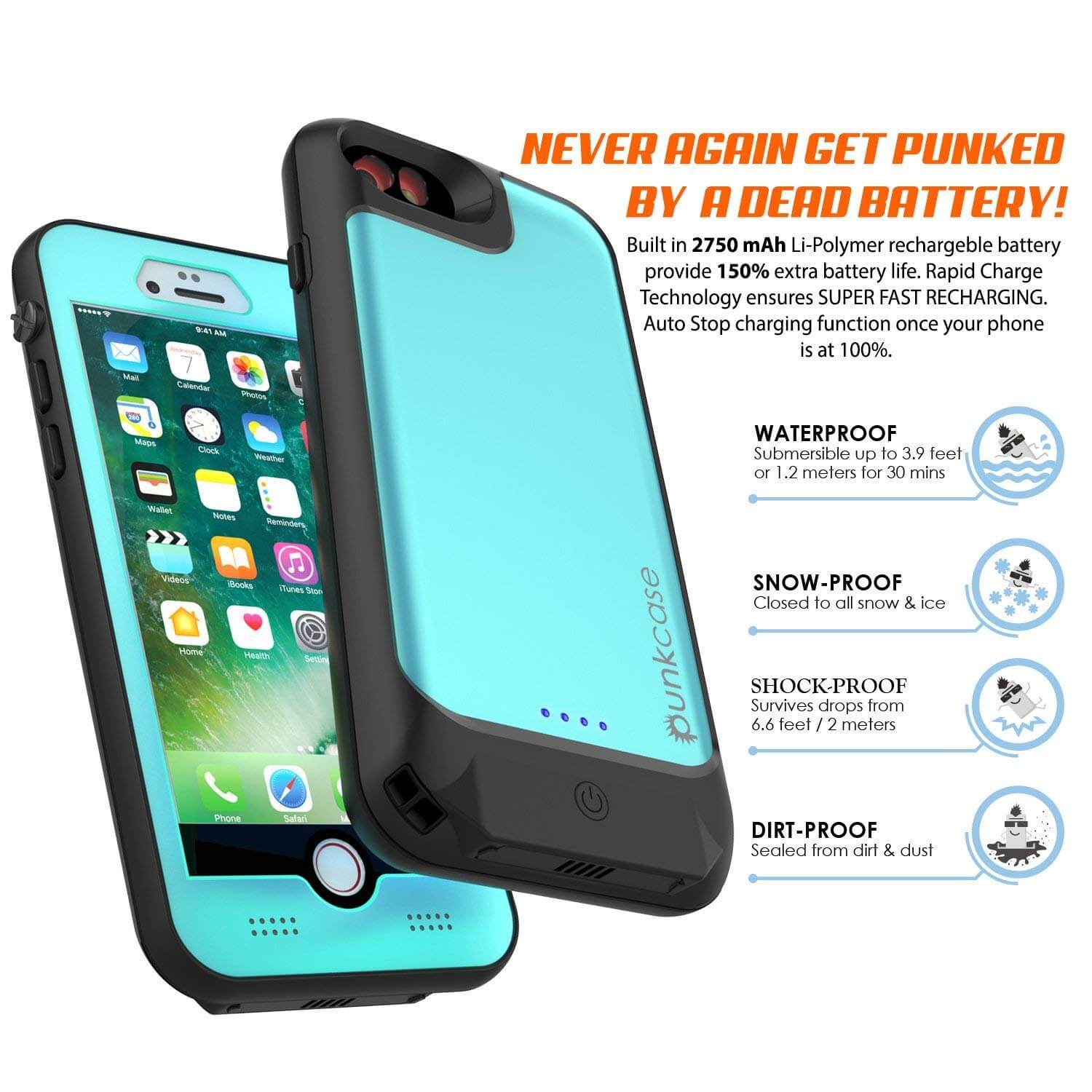 PunkJuice iPhone SE (4.7")/7 Battery Case Teal - Waterproof Slim Power Juice Bank with 2750mAh