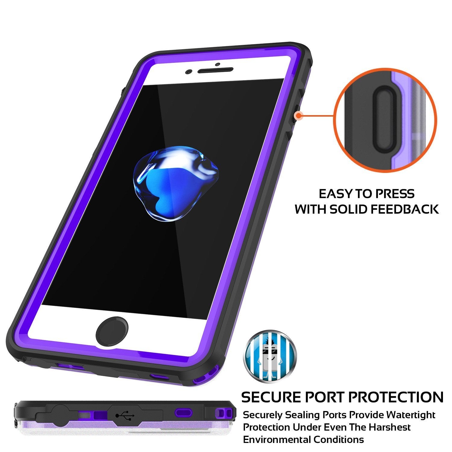 iPhone 8+ Plus Waterproof Case, PUNKcase CRYSTAL Purple W/ Attached Screen Protector  | Warranty